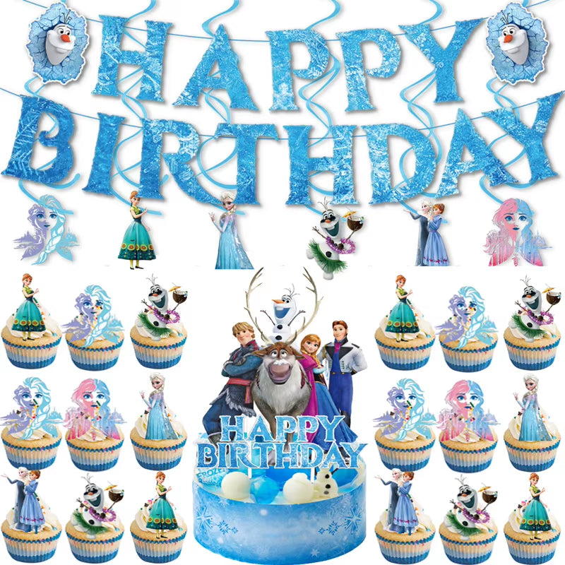 Frozen-Themed Birthday Party Decoration Set featuring Anna, Elsa, Olaf, Snowflake Banner, Backdrop, Balloons Kit, Foil Garland, and Balloon Arch for Baby Showers.