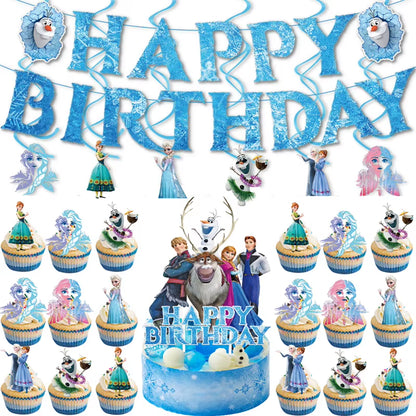Frozen-Themed Birthday Party Decoration Set featuring Anna, Elsa, Olaf, Snowflake Banner, Backdrop, Balloons Kit, Foil Garland, and Balloon Arch for Baby Showers.