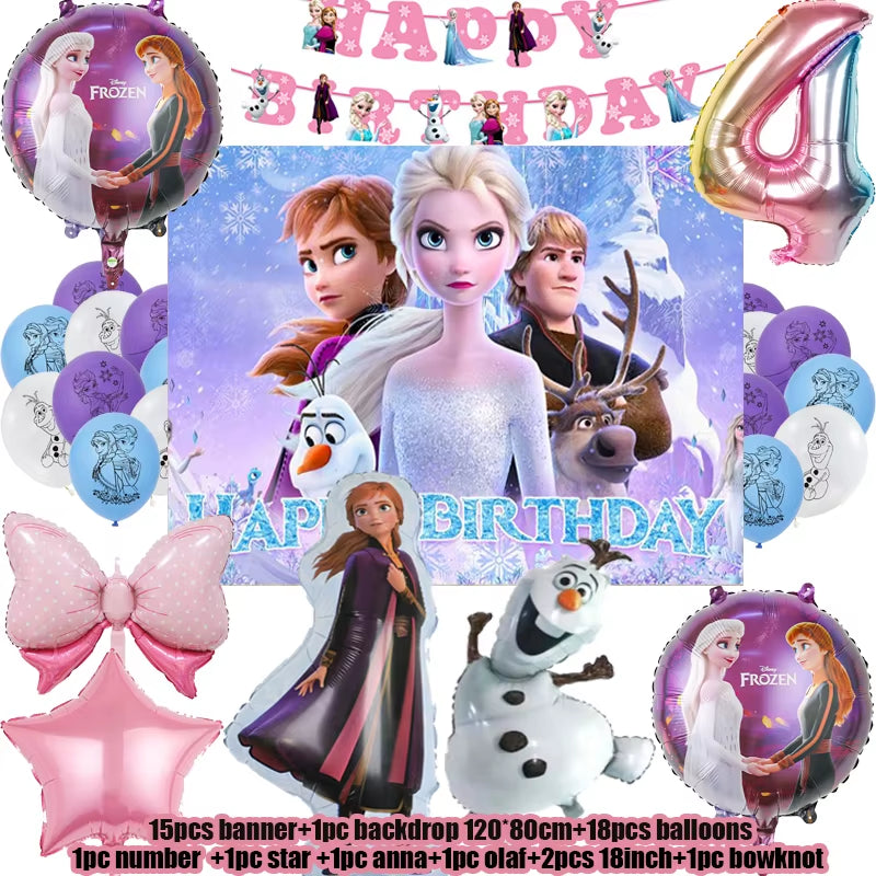 Frozen-Themed Birthday Party Decoration Set featuring Anna, Elsa, Olaf, Snowflake Banner, Backdrop, Balloons Kit, Foil Garland, and Balloon Arch for Baby Showers.