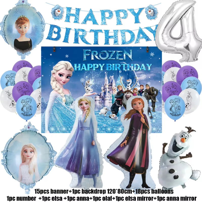 Frozen-Themed Birthday Party Decoration Set featuring Anna, Elsa, Olaf, Snowflake Banner, Backdrop, Balloons Kit, Foil Garland, and Balloon Arch for Baby Showers.