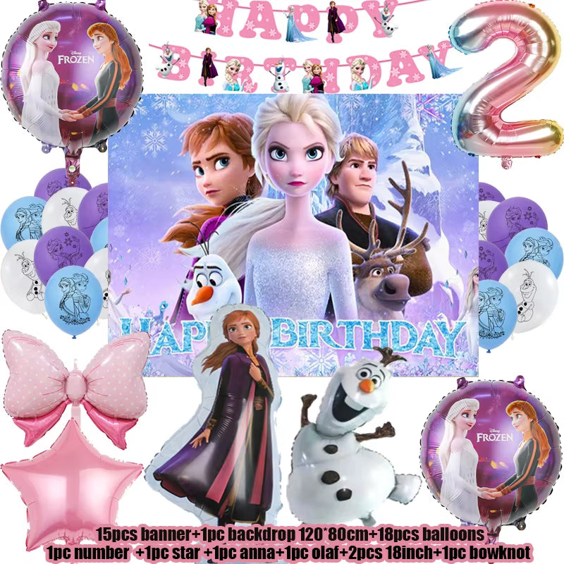 Frozen-Themed Birthday Party Decoration Set featuring Anna, Elsa, Olaf, Snowflake Banner, Backdrop, Balloons Kit, Foil Garland, and Balloon Arch for Baby Showers.