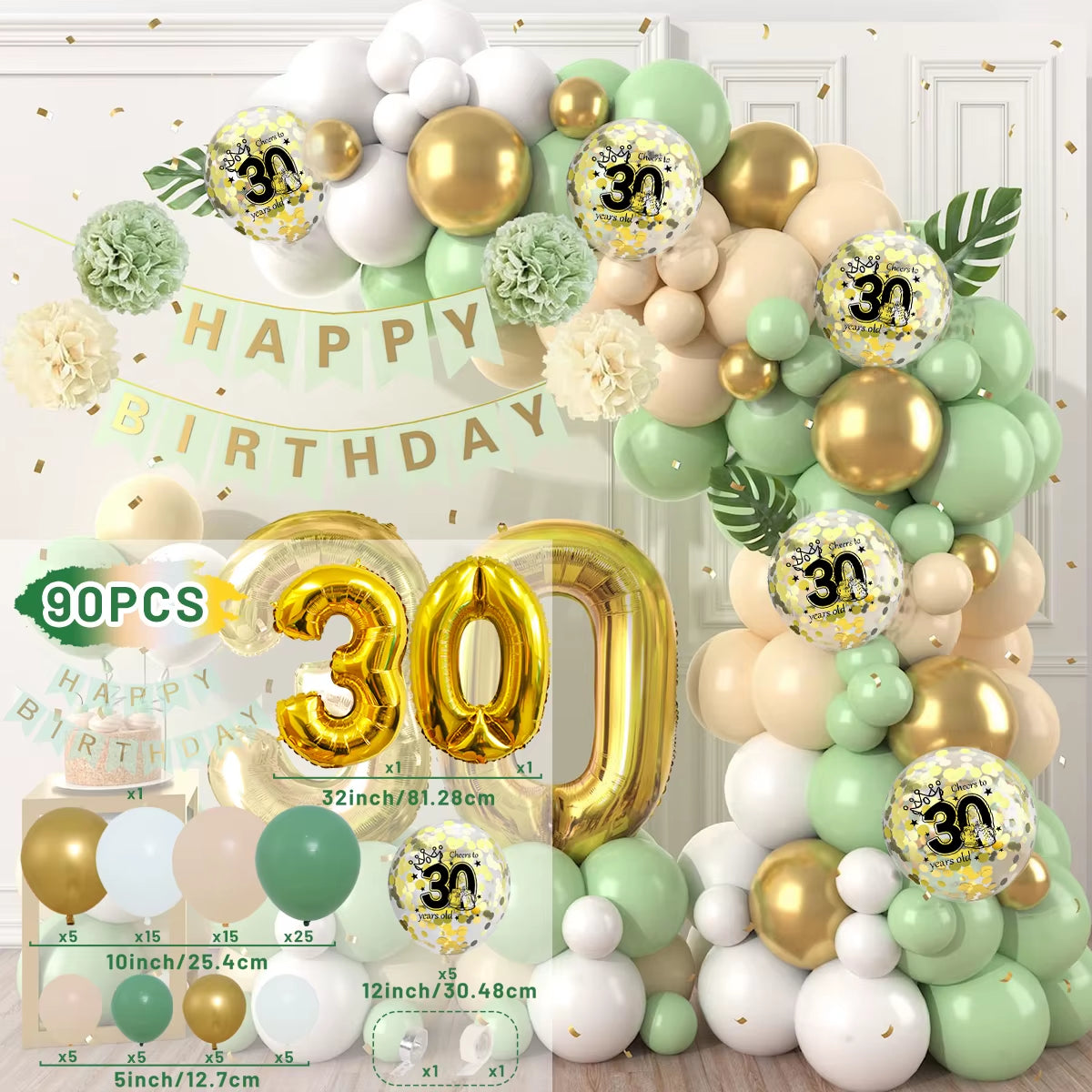Macaron Green and Gold Balloon Garland Arch Kit with Latex Balloons for Happy 18th, 30th, 40th, and 50th Birthdays, Adult Parties, Anniversaries, and Decor