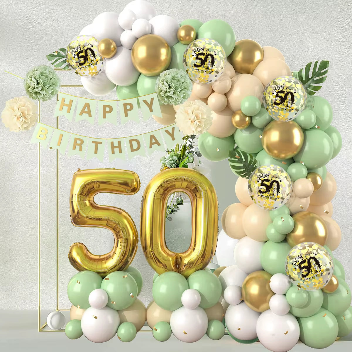 Macaron Green and Gold Balloon Garland Arch Kit with Latex Balloons for Happy 18th, 30th, 40th, and 50th Birthdays, Adult Parties, Anniversaries, and Decor