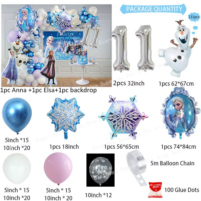 Frozen-Themed Birthday Party Decoration Set featuring Anna, Elsa, Olaf, Snowflake Banner, Backdrop, Balloons Kit, Foil Garland, and Balloon Arch for Baby Showers.