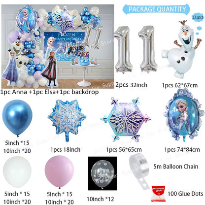 Frozen-Themed Birthday Party Decoration Set featuring Anna, Elsa, Olaf, Snowflake Banner, Backdrop, Balloons Kit, Foil Garland, and Balloon Arch for Baby Showers.