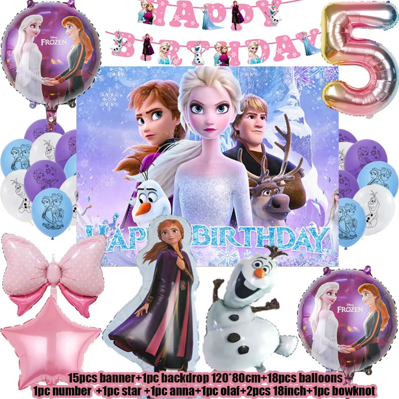 Frozen-Themed Birthday Party Decoration Set featuring Anna, Elsa, Olaf, Snowflake Banner, Backdrop, Balloons Kit, Foil Garland, and Balloon Arch for Baby Showers.