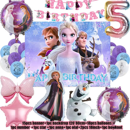 Frozen-Themed Birthday Party Decoration Set featuring Anna, Elsa, Olaf, Snowflake Banner, Backdrop, Balloons Kit, Foil Garland, and Balloon Arch for Baby Showers.
