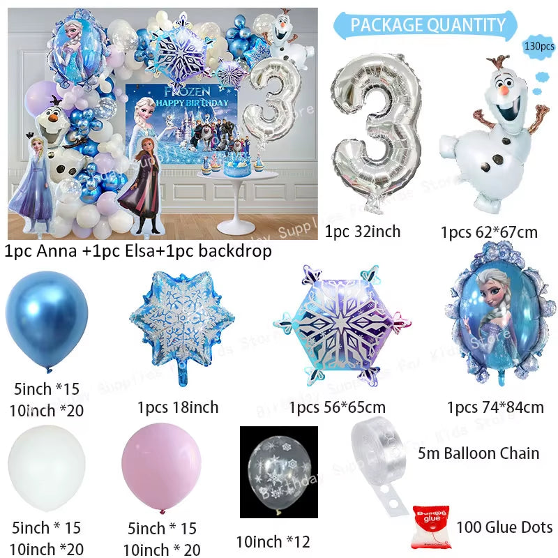 Frozen-Themed Birthday Party Decoration Set featuring Anna, Elsa, Olaf, Snowflake Banner, Backdrop, Balloons Kit, Foil Garland, and Balloon Arch for Baby Showers.