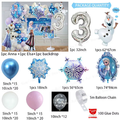 Frozen-Themed Birthday Party Decoration Set featuring Anna, Elsa, Olaf, Snowflake Banner, Backdrop, Balloons Kit, Foil Garland, and Balloon Arch for Baby Showers.