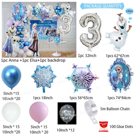 Frozen-Themed Birthday Party Decoration Set featuring Anna, Elsa, Olaf, Snowflake Banner, Backdrop, Balloons Kit, Foil Garland, and Balloon Arch for Baby Showers.