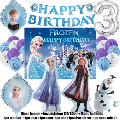 Frozen-Themed Birthday Party Decoration Set featuring Anna, Elsa, Olaf, Snowflake Banner, Backdrop, Balloons Kit, Foil Garland, and Balloon Arch for Baby Showers.
