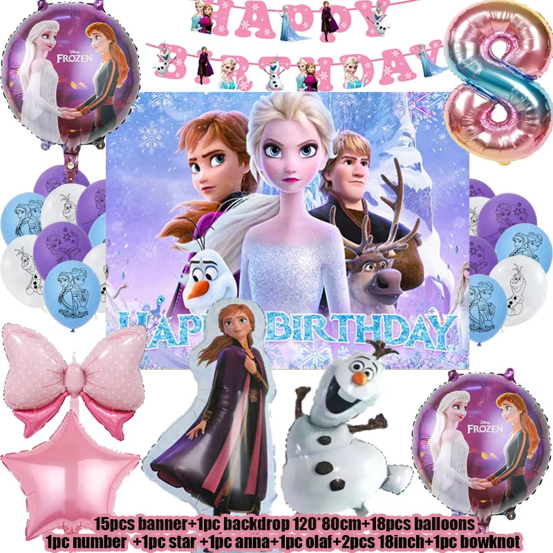 Frozen-Themed Birthday Party Decoration Set featuring Anna, Elsa, Olaf, Snowflake Banner, Backdrop, Balloons Kit, Foil Garland, and Balloon Arch for Baby Showers.