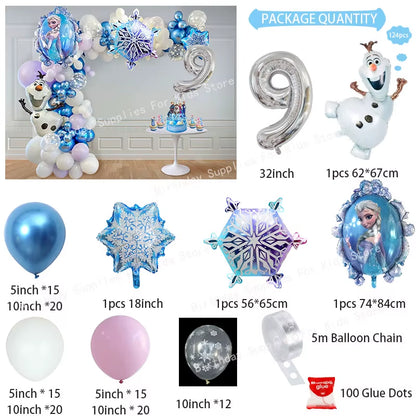 Frozen-Themed Birthday Party Decoration Set featuring Anna, Elsa, Olaf, Snowflake Banner, Backdrop, Balloons Kit, Foil Garland, and Balloon Arch for Baby Showers.