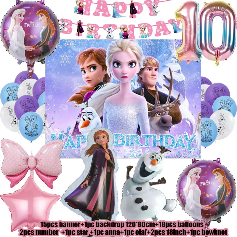 Frozen-Themed Birthday Party Decoration Set featuring Anna, Elsa, Olaf, Snowflake Banner, Backdrop, Balloons Kit, Foil Garland, and Balloon Arch for Baby Showers.