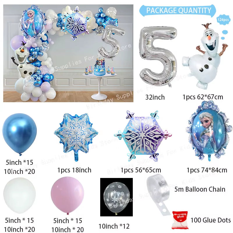 Frozen-Themed Birthday Party Decoration Set featuring Anna, Elsa, Olaf, Snowflake Banner, Backdrop, Balloons Kit, Foil Garland, and Balloon Arch for Baby Showers.