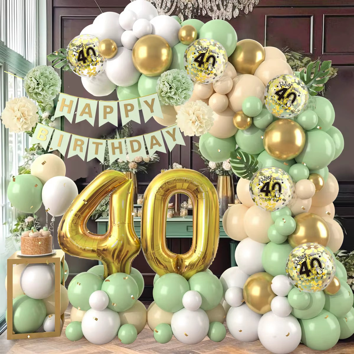 Macaron Green and Gold Balloon Garland Arch Kit with Latex Balloons for Happy 18th, 30th, 40th, and 50th Birthdays, Adult Parties, Anniversaries, and Decor