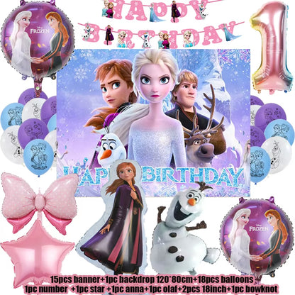 Frozen-Themed Birthday Party Decoration Set featuring Anna, Elsa, Olaf, Snowflake Banner, Backdrop, Balloons Kit, Foil Garland, and Balloon Arch for Baby Showers.