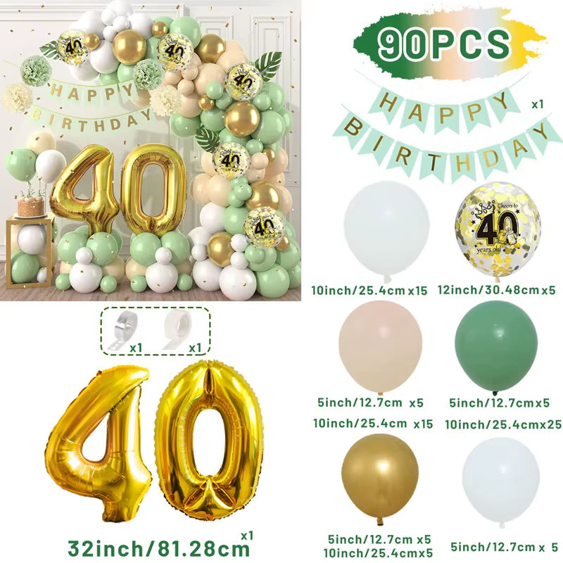 Macaron Green and Gold Balloon Garland Arch Kit with Latex Balloons for Happy 18th, 30th, 40th, and 50th Birthdays, Adult Parties, Anniversaries, and Decor