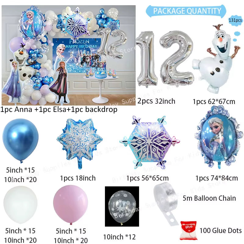 Frozen-Themed Birthday Party Decoration Set featuring Anna, Elsa, Olaf, Snowflake Banner, Backdrop, Balloons Kit, Foil Garland, and Balloon Arch for Baby Showers.