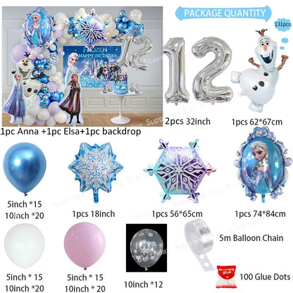 Frozen-Themed Birthday Party Decoration Set featuring Anna, Elsa, Olaf, Snowflake Banner, Backdrop, Balloons Kit, Foil Garland, and Balloon Arch for Baby Showers.