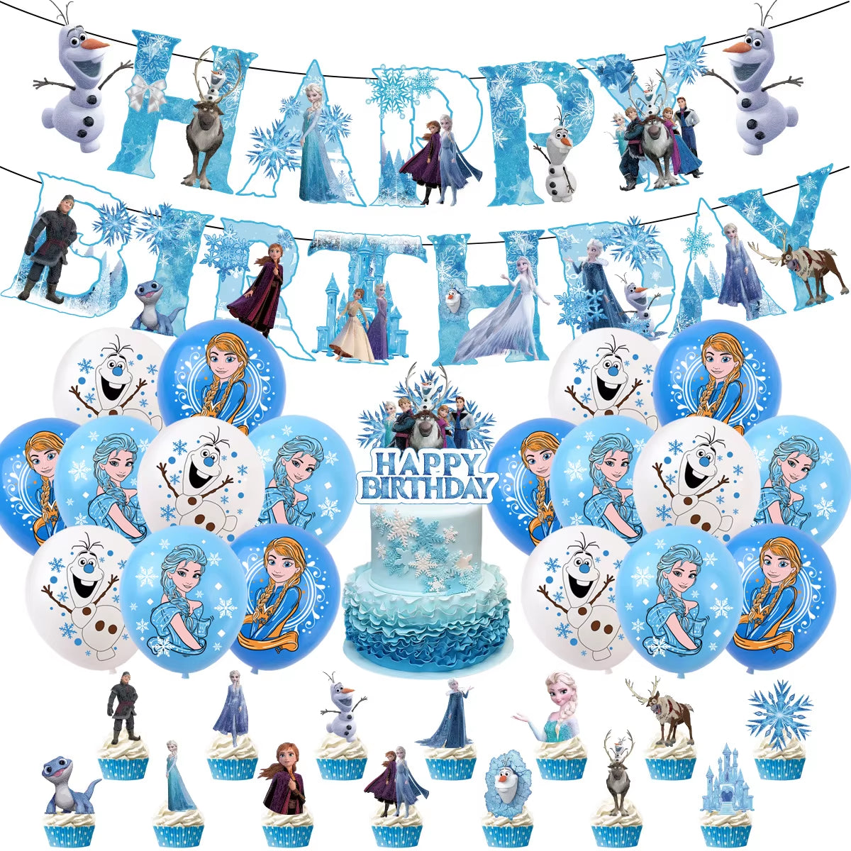 Frozen-Themed Birthday Party Decoration Set featuring Anna, Elsa, Olaf, Snowflake Banner, Backdrop, Balloons Kit, Foil Garland, and Balloon Arch for Baby Showers.