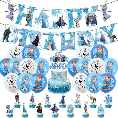 Frozen-Themed Birthday Party Decoration Set featuring Anna, Elsa, Olaf, Snowflake Banner, Backdrop, Balloons Kit, Foil Garland, and Balloon Arch for Baby Showers.