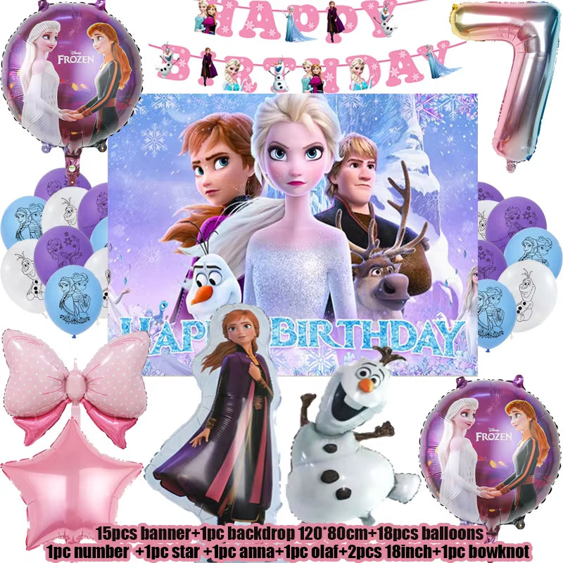 Frozen-Themed Birthday Party Decoration Set featuring Anna, Elsa, Olaf, Snowflake Banner, Backdrop, Balloons Kit, Foil Garland, and Balloon Arch for Baby Showers.
