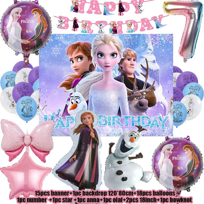 Frozen-Themed Birthday Party Decoration Set featuring Anna, Elsa, Olaf, Snowflake Banner, Backdrop, Balloons Kit, Foil Garland, and Balloon Arch for Baby Showers.