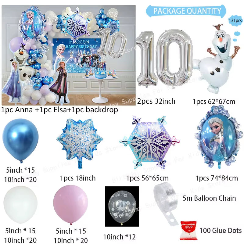 Frozen-Themed Birthday Party Decoration Set featuring Anna, Elsa, Olaf, Snowflake Banner, Backdrop, Balloons Kit, Foil Garland, and Balloon Arch for Baby Showers.