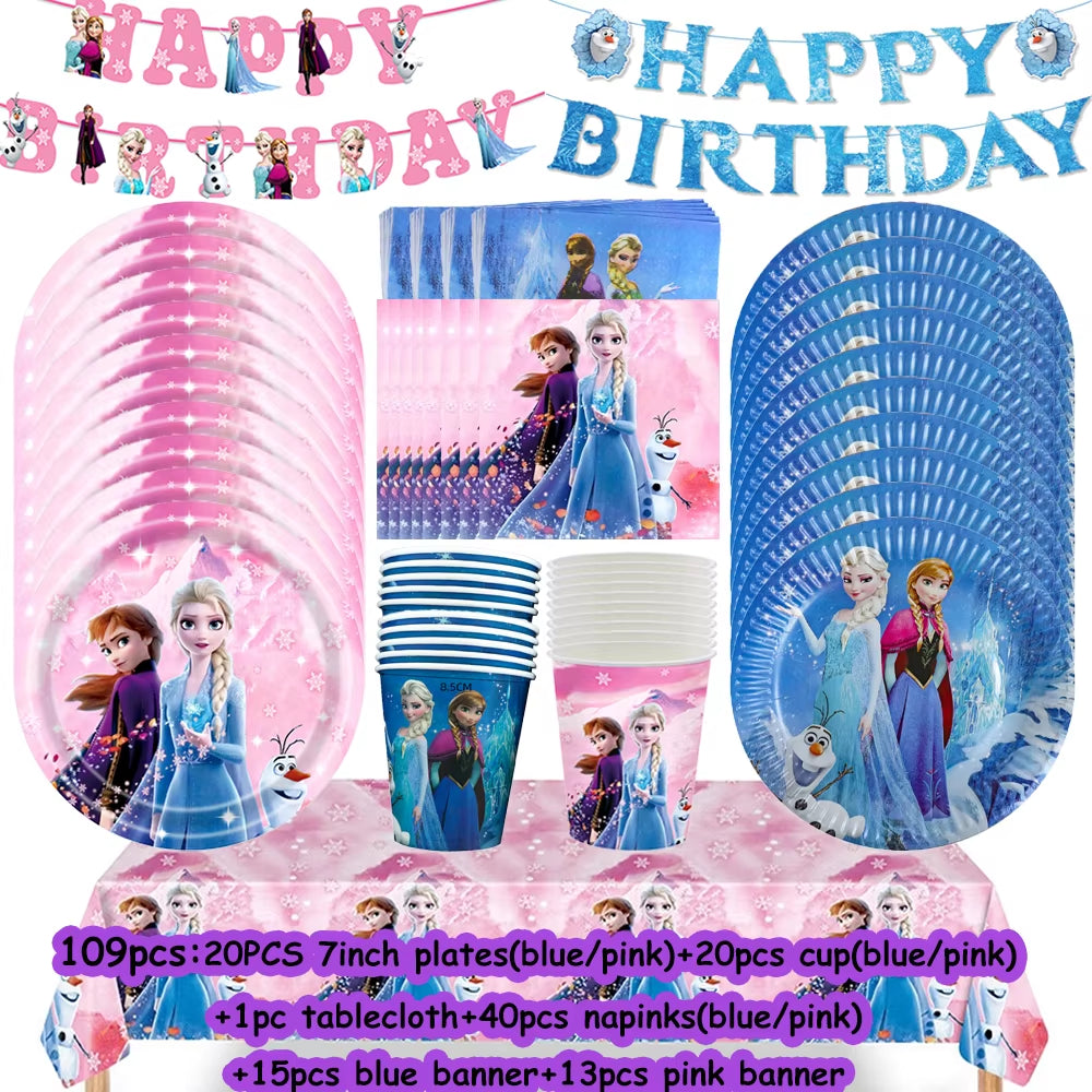 Frozen-Themed Birthday Party Decoration Set featuring Anna, Elsa, Olaf, Snowflake Banner, Backdrop, Balloons Kit, Foil Garland, and Balloon Arch for Baby Showers.