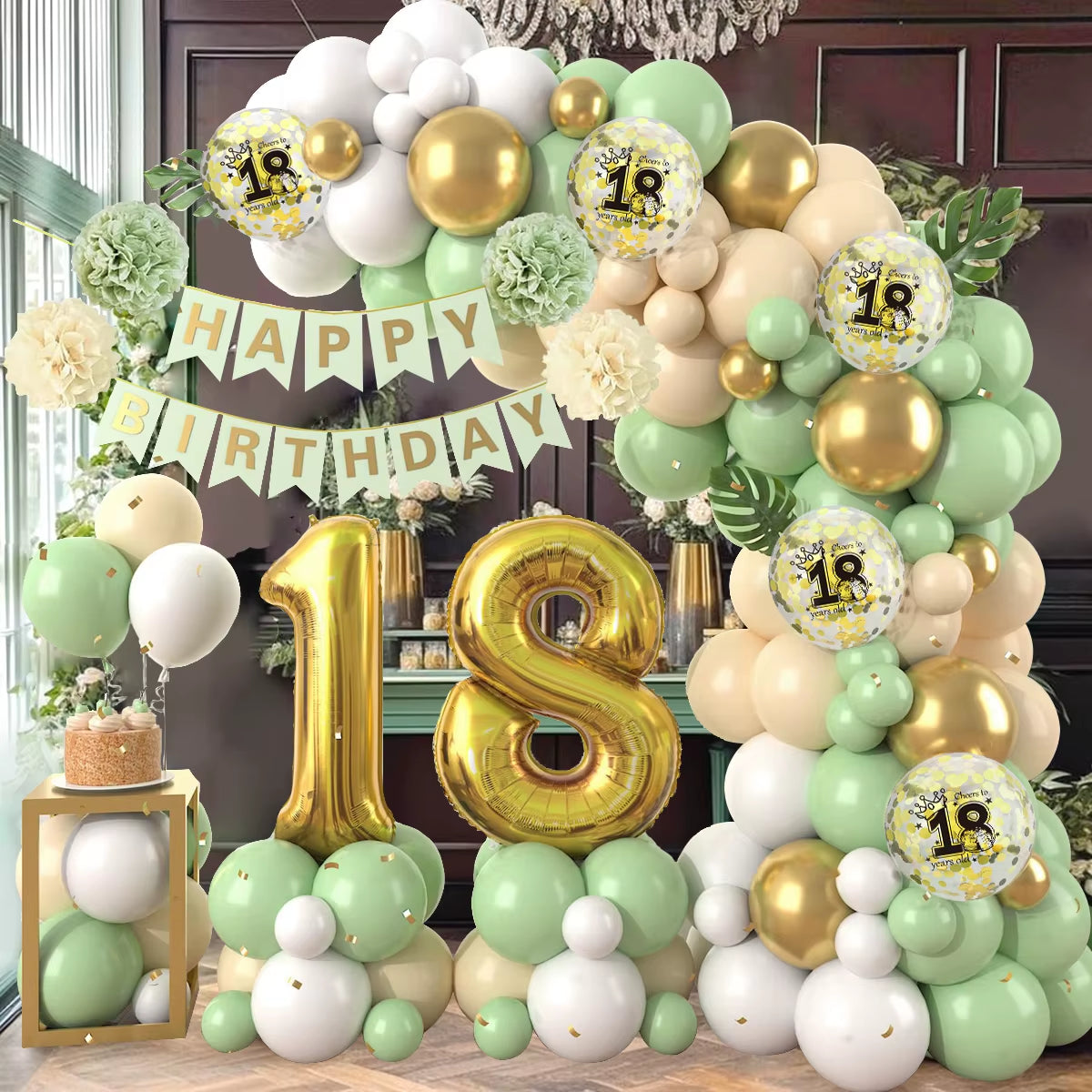 Macaron Green and Gold Balloon Garland Arch Kit with Latex Balloons for Happy 18th, 30th, 40th, and 50th Birthdays, Adult Parties, Anniversaries, and Decor