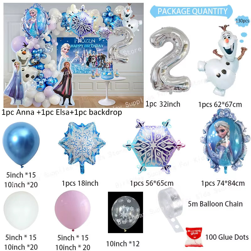 Frozen-Themed Birthday Party Decoration Set featuring Anna, Elsa, Olaf, Snowflake Banner, Backdrop, Balloons Kit, Foil Garland, and Balloon Arch for Baby Showers.