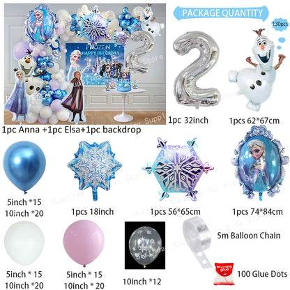 Frozen-Themed Birthday Party Decoration Set featuring Anna, Elsa, Olaf, Snowflake Banner, Backdrop, Balloons Kit, Foil Garland, and Balloon Arch for Baby Showers.