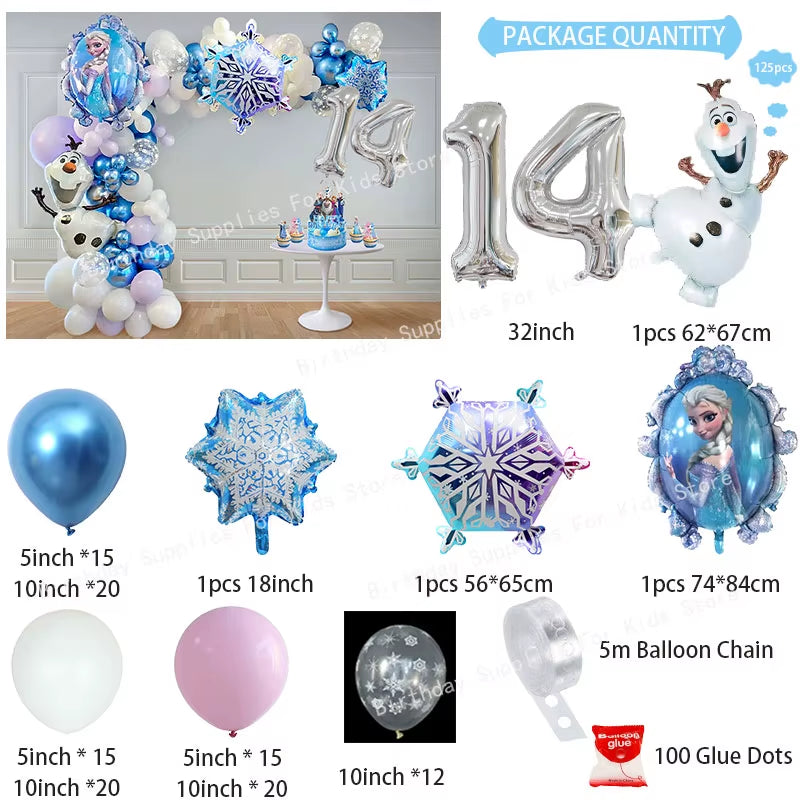 Frozen-Themed Birthday Party Decoration Set featuring Anna, Elsa, Olaf, Snowflake Banner, Backdrop, Balloons Kit, Foil Garland, and Balloon Arch for Baby Showers.