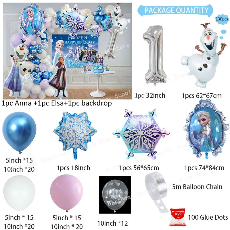 Frozen-Themed Birthday Party Decoration Set featuring Anna, Elsa, Olaf, Snowflake Banner, Backdrop, Balloons Kit, Foil Garland, and Balloon Arch for Baby Showers.