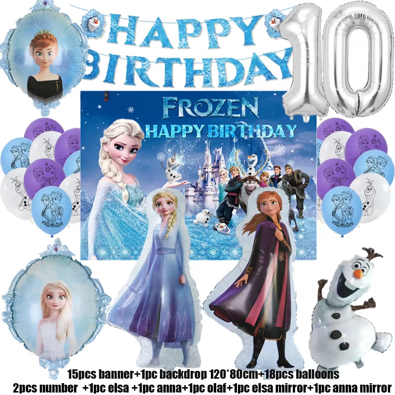 Frozen-Themed Birthday Party Decoration Set featuring Anna, Elsa, Olaf, Snowflake Banner, Backdrop, Balloons Kit, Foil Garland, and Balloon Arch for Baby Showers.