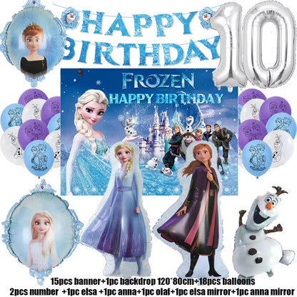 Frozen-Themed Birthday Party Decoration Set featuring Anna, Elsa, Olaf, Snowflake Banner, Backdrop, Balloons Kit, Foil Garland, and Balloon Arch for Baby Showers.