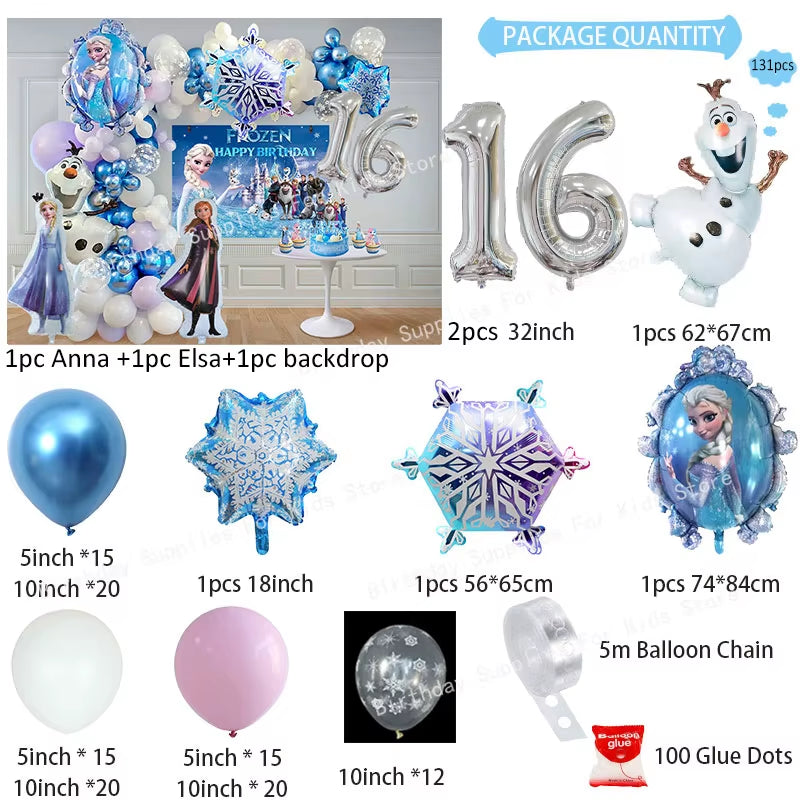 Frozen-Themed Birthday Party Decoration Set featuring Anna, Elsa, Olaf, Snowflake Banner, Backdrop, Balloons Kit, Foil Garland, and Balloon Arch for Baby Showers.