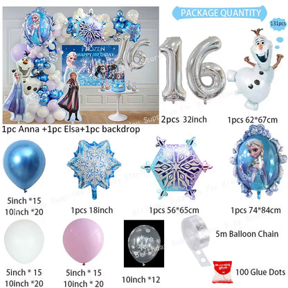 Frozen-Themed Birthday Party Decoration Set featuring Anna, Elsa, Olaf, Snowflake Banner, Backdrop, Balloons Kit, Foil Garland, and Balloon Arch for Baby Showers.