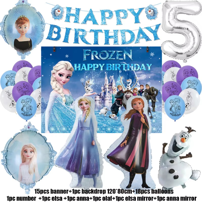 Frozen-Themed Birthday Party Decoration Set featuring Anna, Elsa, Olaf, Snowflake Banner, Backdrop, Balloons Kit, Foil Garland, and Balloon Arch for Baby Showers.