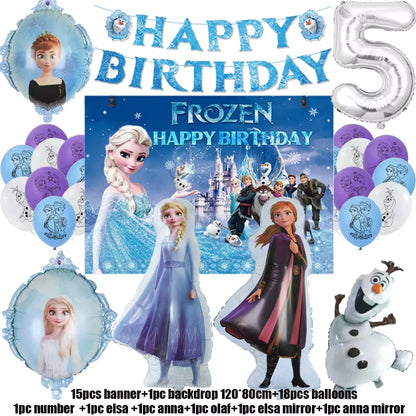 Frozen-Themed Birthday Party Decoration Set featuring Anna, Elsa, Olaf, Snowflake Banner, Backdrop, Balloons Kit, Foil Garland, and Balloon Arch for Baby Showers.