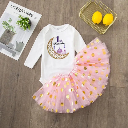 My First Ramadan Girl Baby Dress Baby Romper +Tulle Tutu Skirt Long Sleeve Tutu Dress Set My 1st Ramamdan Newborn Clothing
