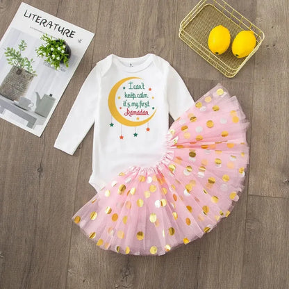 My First Ramadan Girl Baby Dress Baby Romper +Tulle Tutu Skirt Long Sleeve Tutu Dress Set My 1st Ramamdan Newborn Clothing