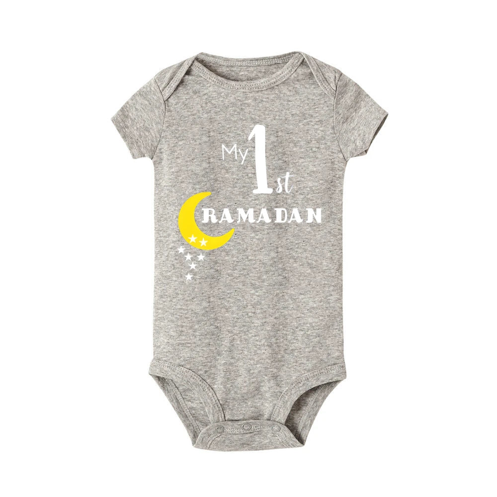 My 1st Ramadan Baby Romper Moon Star Print Short Sleeve Jumpsuit 1st Ramadan Newborn Bodysuit Muslim Festival Infant Clothes