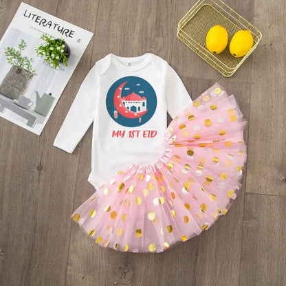 My First Ramadan Girl Baby Dress Baby Romper +Tulle Tutu Skirt Long Sleeve Tutu Dress Set My 1st Ramamdan Newborn Clothing