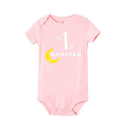 My 1st Ramadan Baby Romper Moon Star Print Short Sleeve Jumpsuit 1st Ramadan Newborn Bodysuit Muslim Festival Infant Clothes