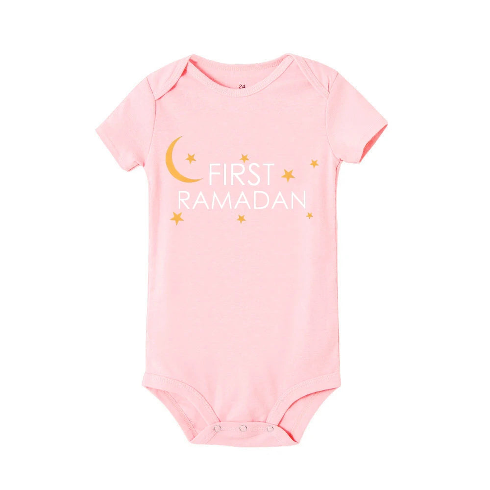 My 1st Ramadan Baby Romper Moon Star Print Short Sleeve Jumpsuit 1st Ramadan Newborn Bodysuit Muslim Festival Infant Clothes