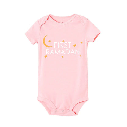 My 1st Ramadan Baby Romper Moon Star Print Short Sleeve Jumpsuit 1st Ramadan Newborn Bodysuit Muslim Festival Infant Clothes