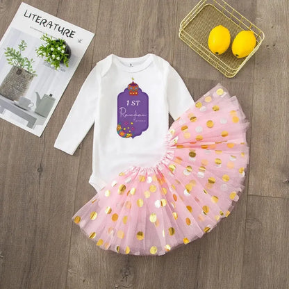 My First Ramadan Girl Baby Dress Baby Romper +Tulle Tutu Skirt Long Sleeve Tutu Dress Set My 1st Ramamdan Newborn Clothing
