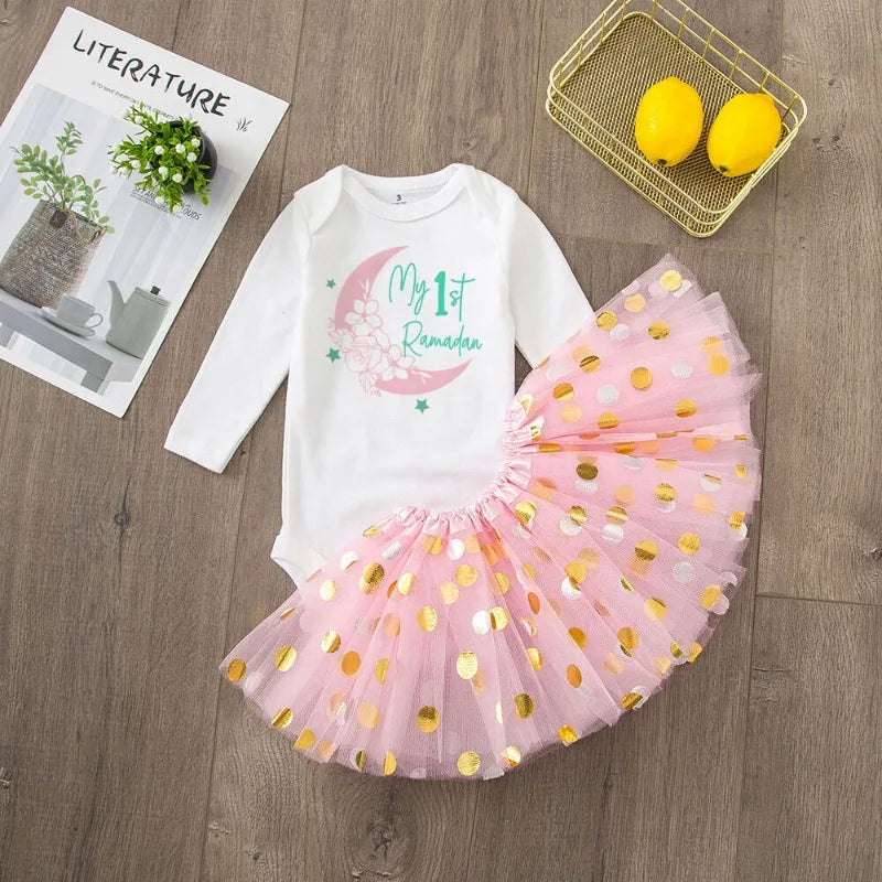 My First Ramadan Girl Baby Dress Baby Romper +Tulle Tutu Skirt Long Sleeve Tutu Dress Set My 1st Ramamdan Newborn Clothing